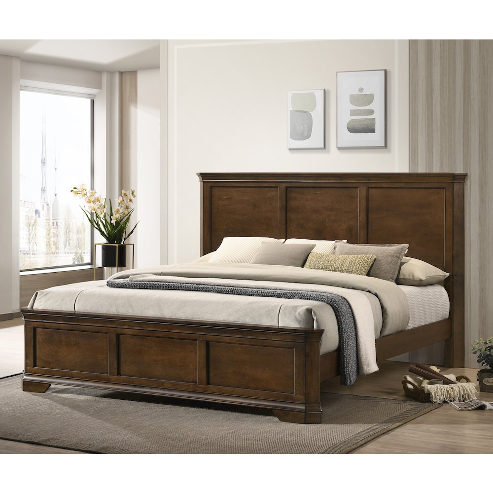 Wood Bed, Dresser, Mirror, 2 Nightstands, Chest, King, Antique Walnut Finish