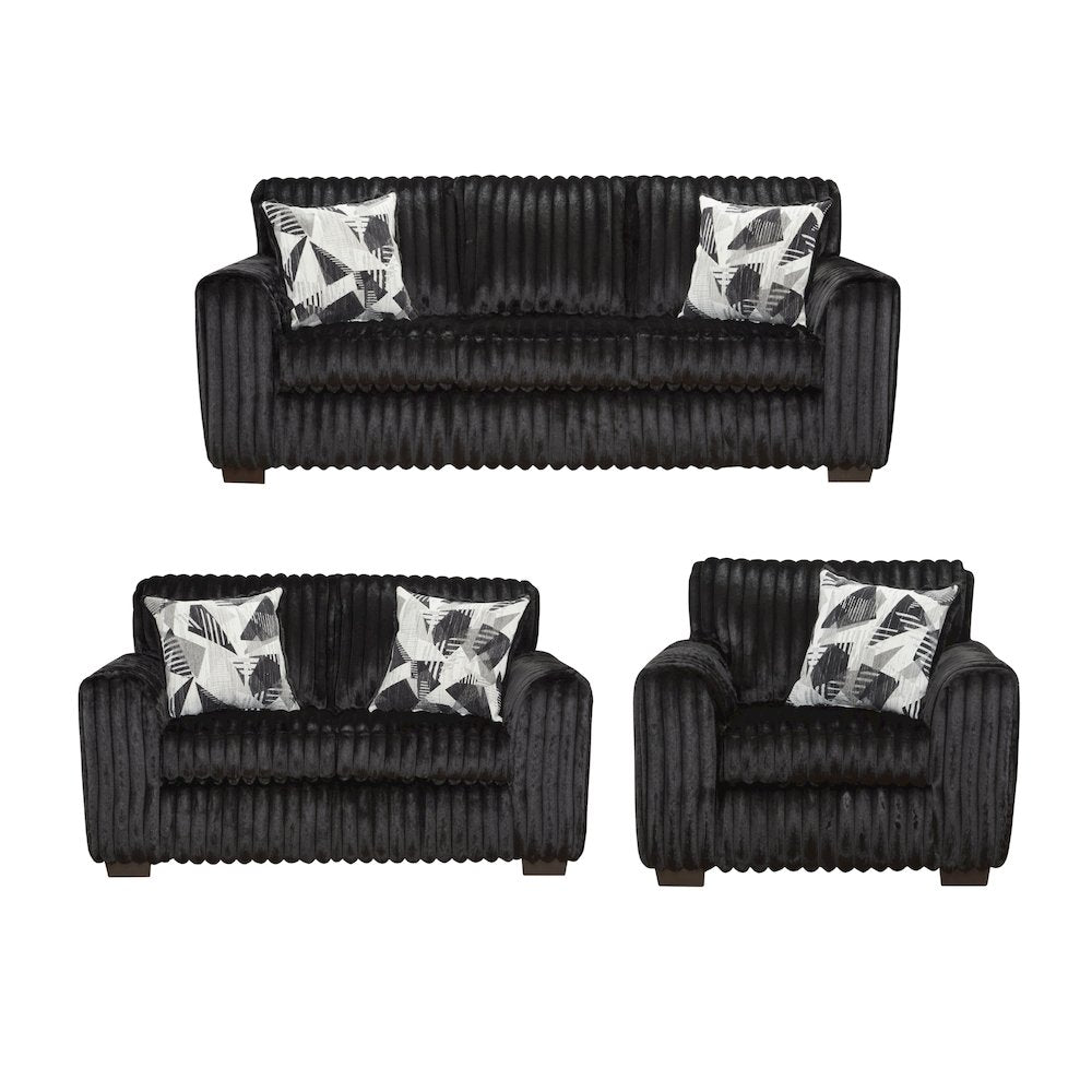 Nolan 3-Piece Living Room Set, Sofa Loveseat and Chair, Lush Black