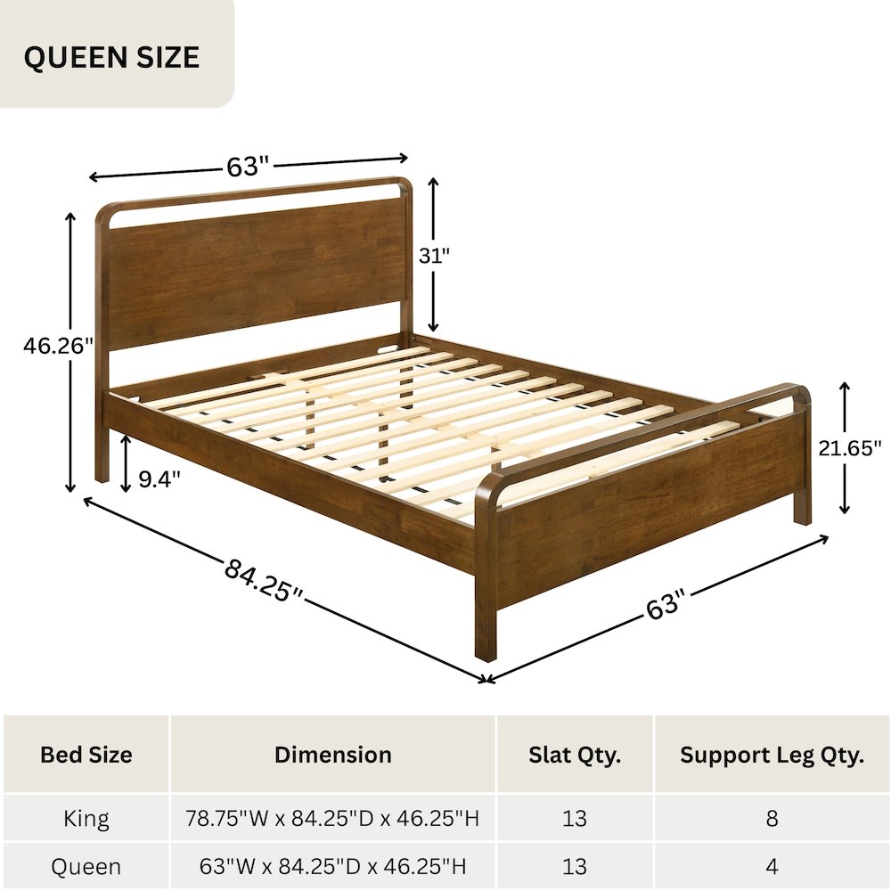 Eldren Wood Platform Bed in Walnut Finish, Queen
