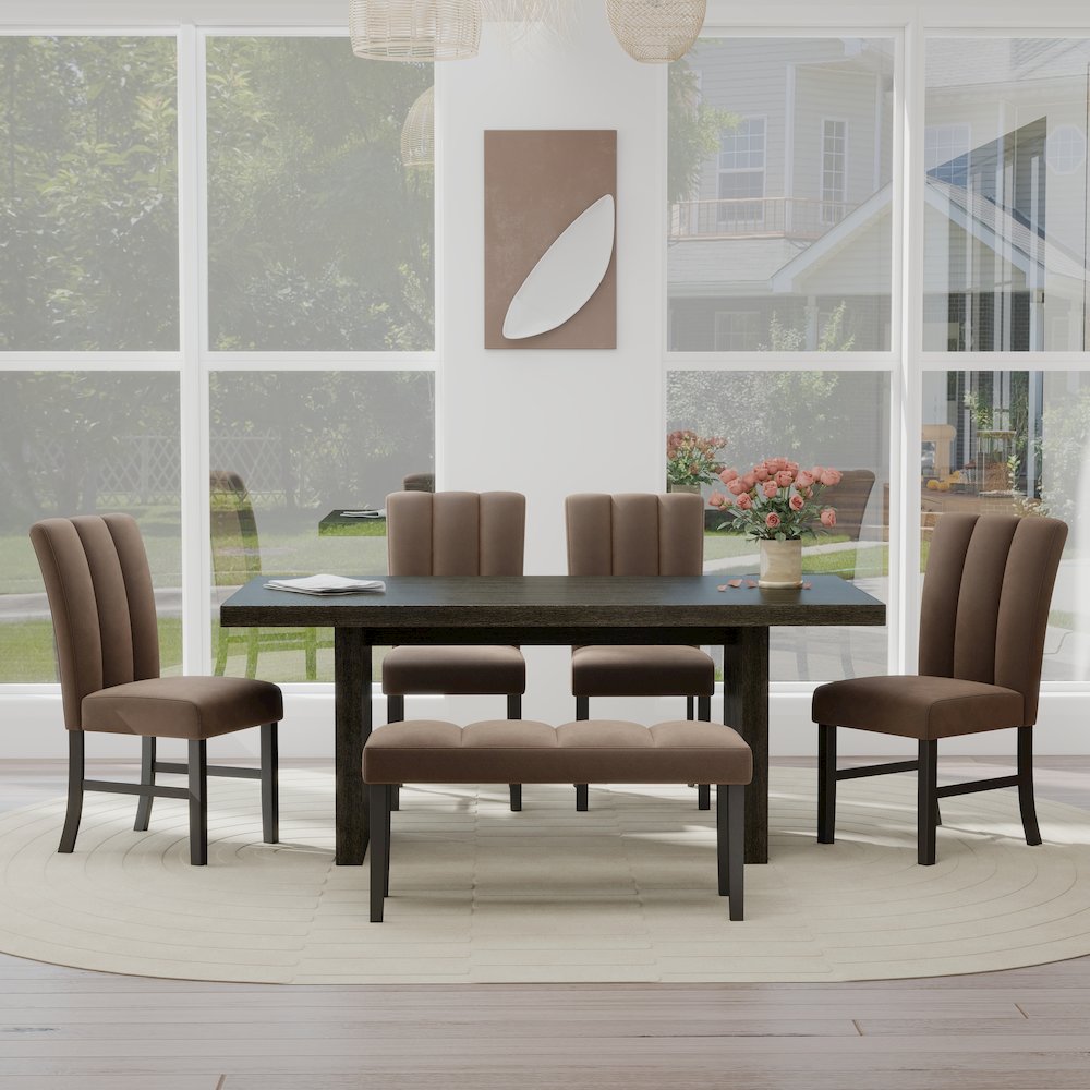 Madison 6-PC Dining Set, Slat-Fluted Table with 4 Chairs and a Bench, Chocolate