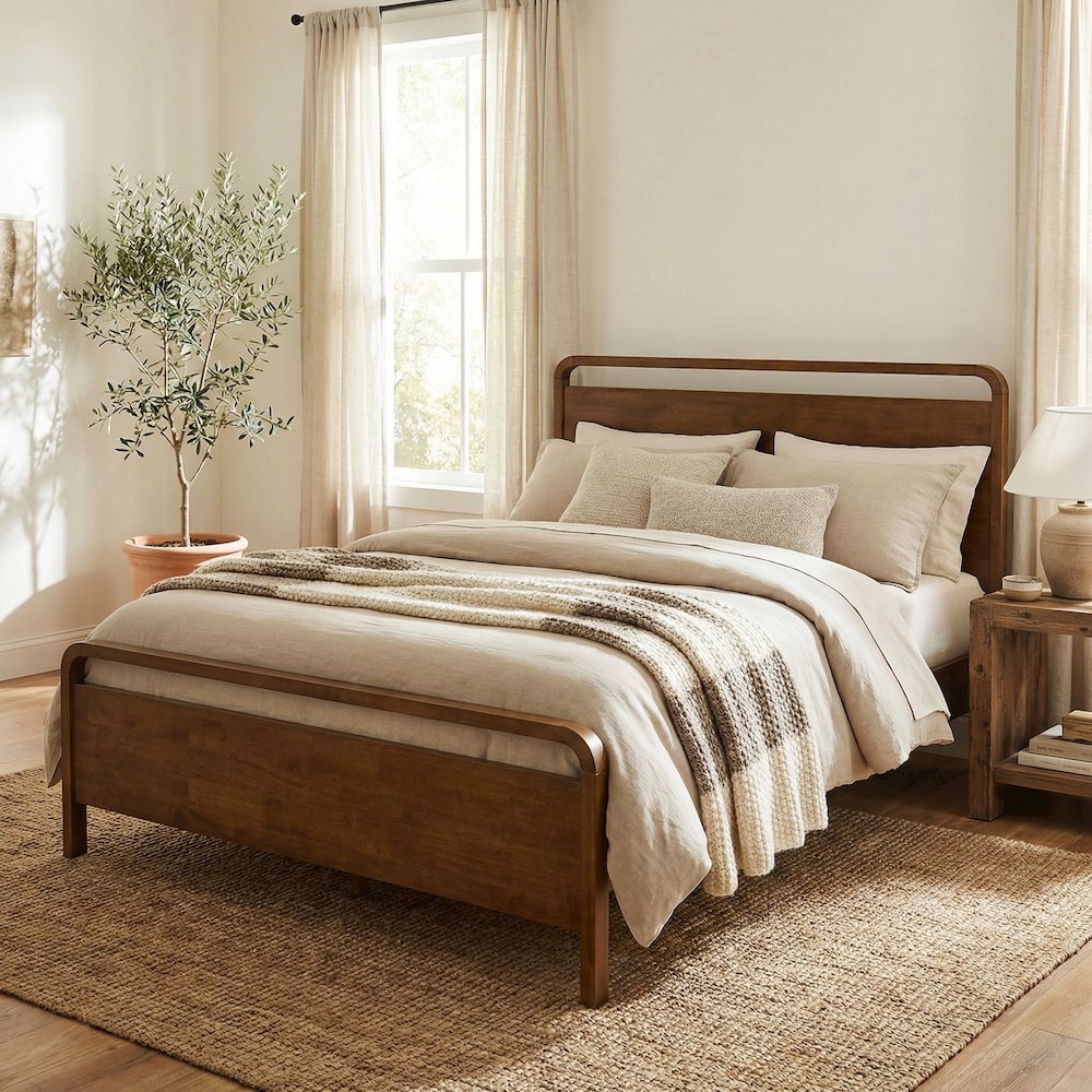 Eldren Wood Platform Bed in Walnut Finish, Queen