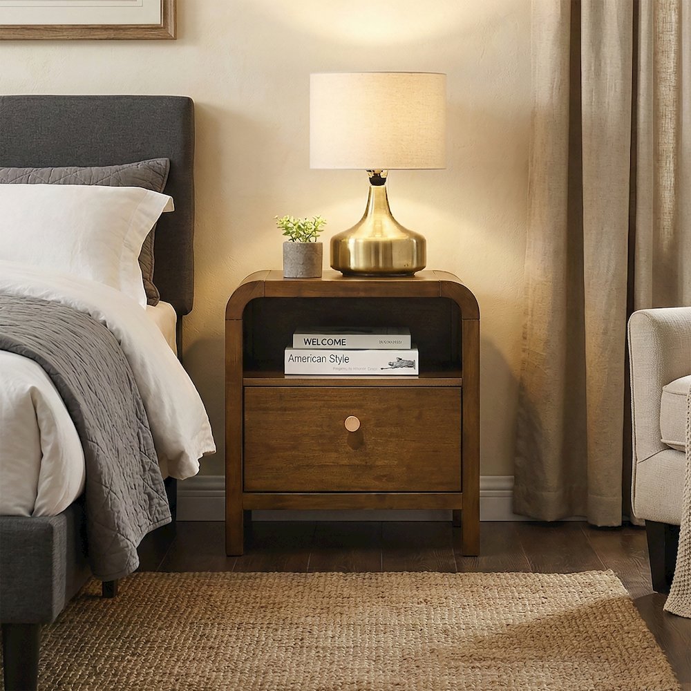 Eldren Wood Nightstand with Solid Rubberwood Frame, Walnut Finish