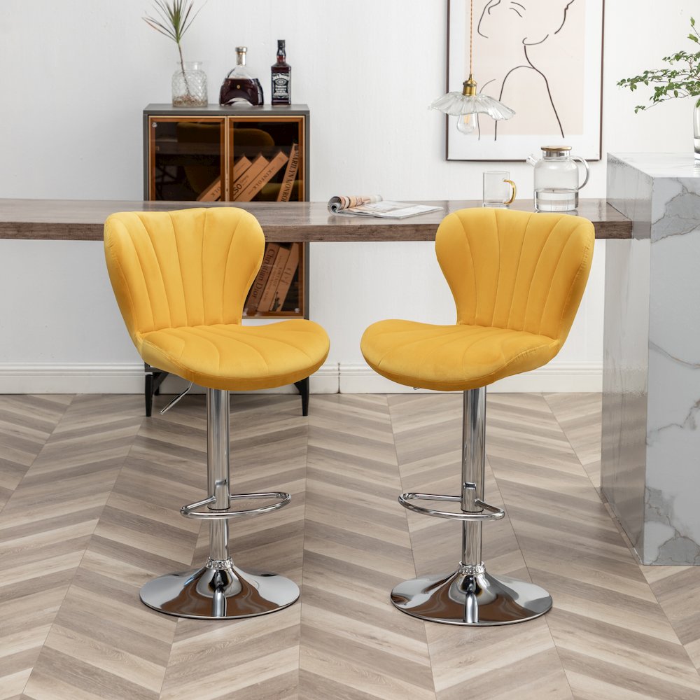 Ellston Upholstered Adjustable Swivel Barstools in Yellow, Set of 2