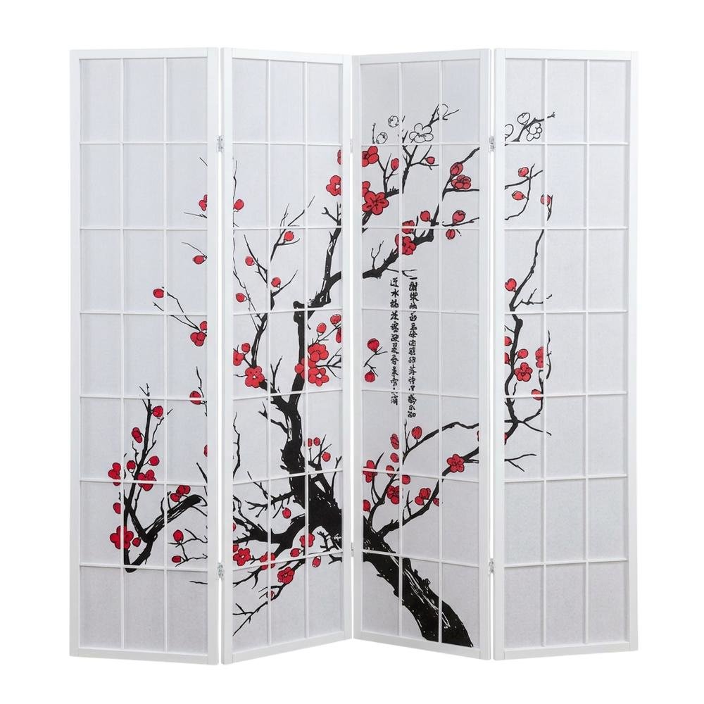 White 4-Panel Wood Folding Room Divider, Floral Print Fabric, 70 Inch