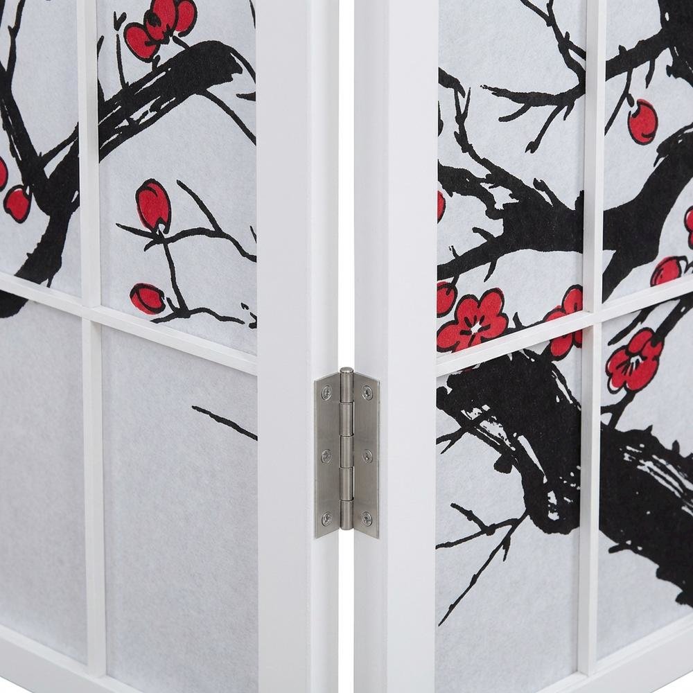 White 4-Panel Wood Folding Room Divider, Floral Print Fabric, 70 Inch