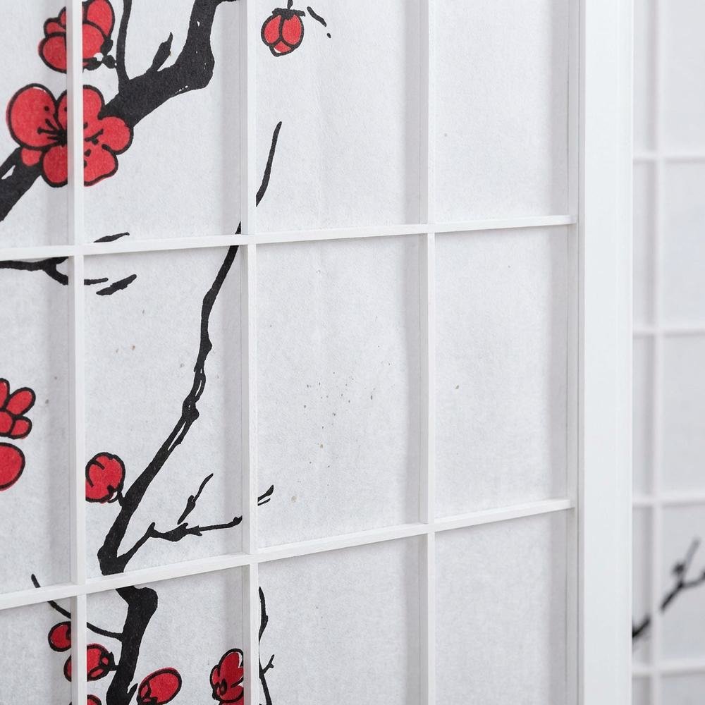 White 4-Panel Wood Folding Room Divider, Floral Print Fabric, 70 Inch