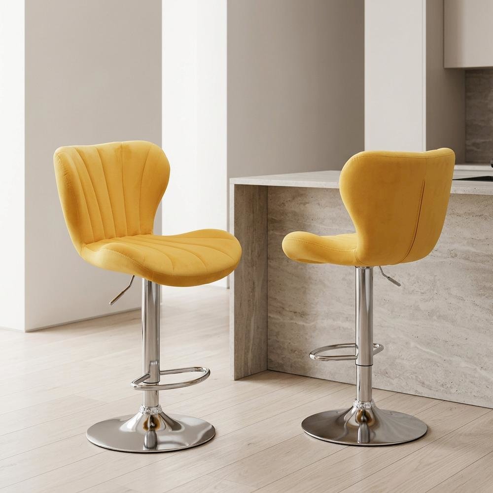 Yellow Upholstered Adjustable Swivel Barstool Set with Cushioned Seats
