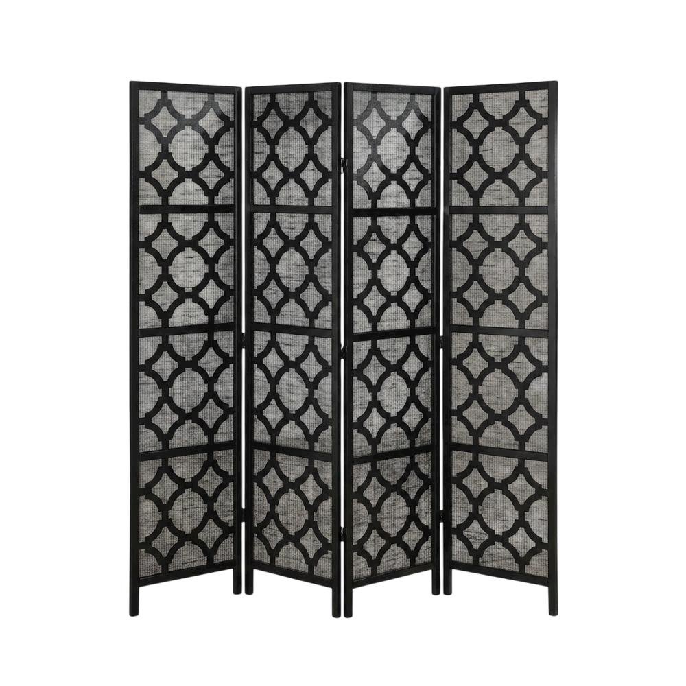 Black 4-Panel Wood Folding Room Divider, Fabric, Transitional, 70 Inch