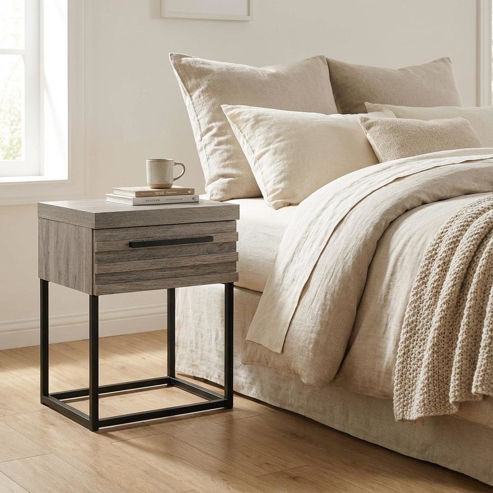 Contemporary Wood Nightstand with Metal Base in Weathered Gray Finish