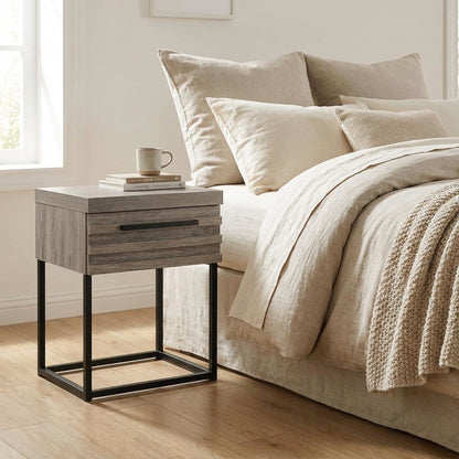 Contemporary Wood Nightstand with Metal Base in Weathered Gray Finish