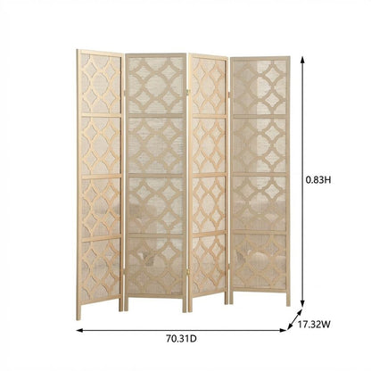 Gold 4-Panel Wood Folding Room Divider, Fabric Diamond Design, 70 Inch