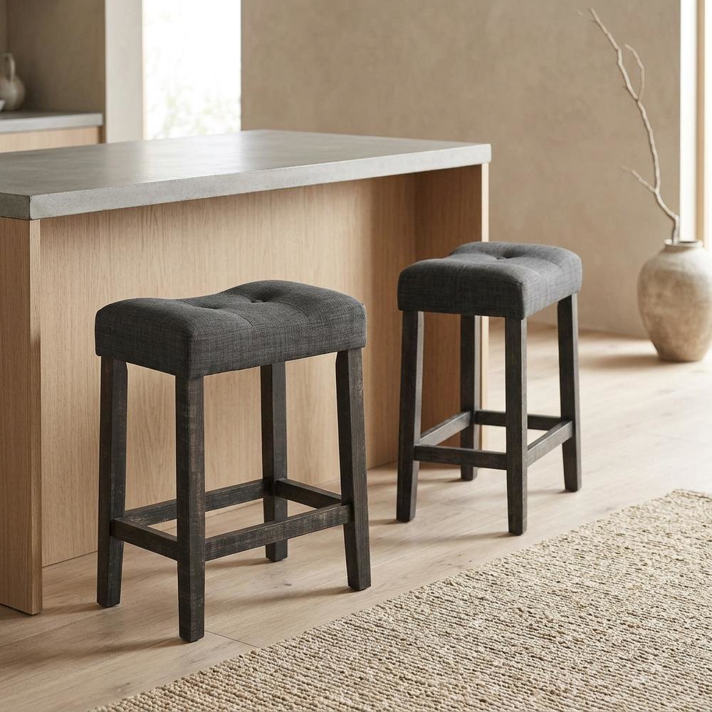 Gray Button Tufted Counter Height Saddle Stools - Set of 2
