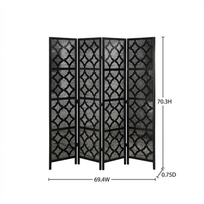 Black 4-Panel Wood Folding Room Divider, Fabric, Transitional, 70 Inch
