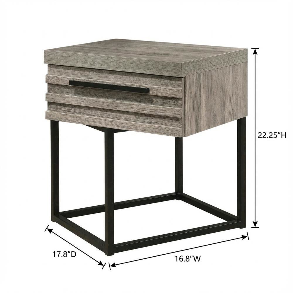 Contemporary Wood Nightstand with Metal Base in Weathered Gray Finish