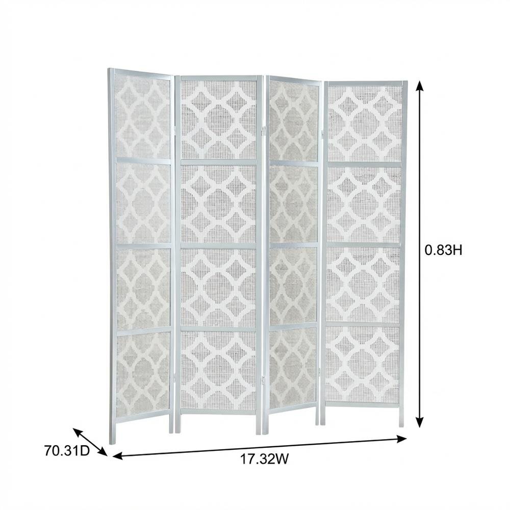 Silver 4-Panel Wood Folding Room Divider, Fabric Diamond Design, 70 Inch