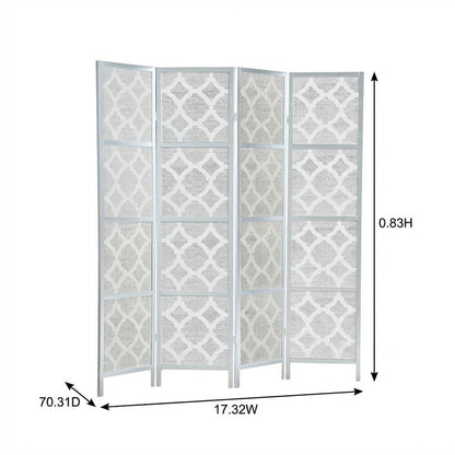 Silver 4-Panel Wood Folding Room Divider, Fabric Diamond Design, 70 Inch