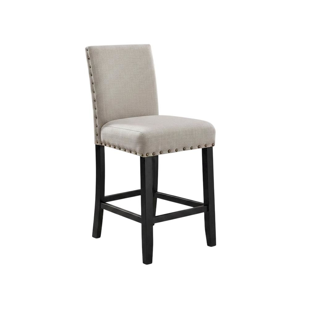 Tan fabric counter height stools with nailhead trim, set of 2