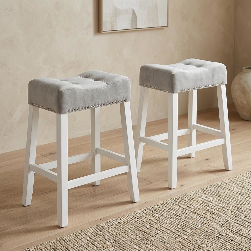 Velvet Counter Height Stools with Saddle Seats, Gray, Set of 2