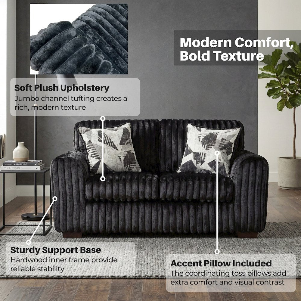 Nolan 3-Piece Living Room Set, Sofa Loveseat and Chair, Lush Black