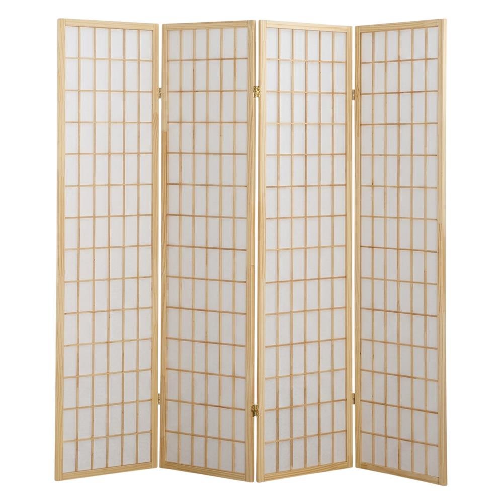 Natural 4-Panel Wood Folding Room Divider, Rice Paper, 71 Inch