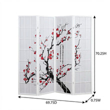 White 4-Panel Wood Folding Room Divider, Floral Print Fabric, 70 Inch