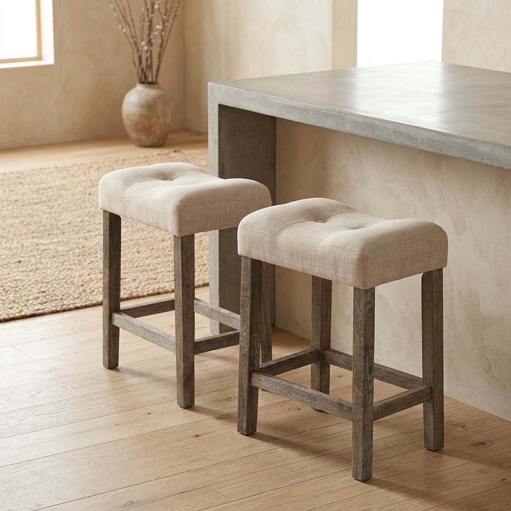Taupe Button Tufted Counter Height Saddle Stool Set of 2 with Stylish Design