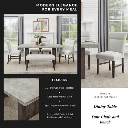 Sorlen Modern 6-Piece Dining Set, 3D Faux Concrete Table with 4 Chairs and Bench