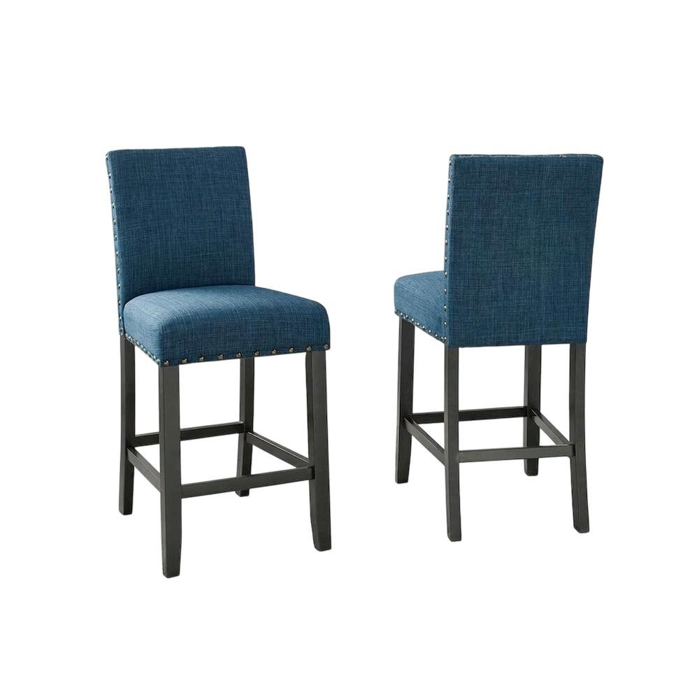 Blue Fabric Counter Height Stools Set with Nailhead Trim