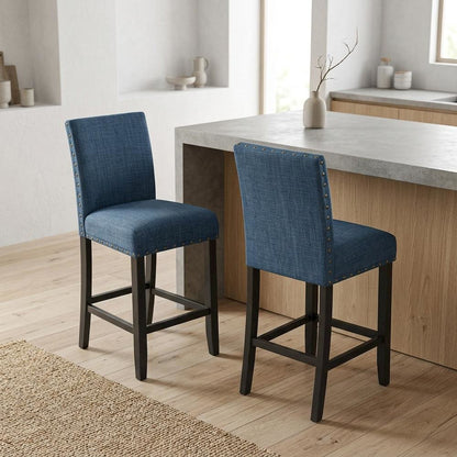 Blue Fabric Counter Height Stools Set with Nailhead Trim