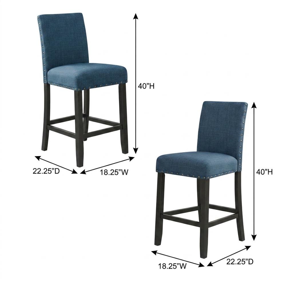 Blue Fabric Counter Height Stools Set with Nailhead Trim