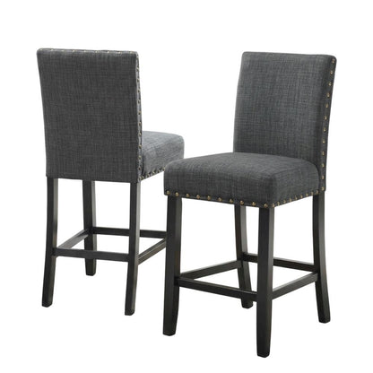 Gray fabric counter height stools with nailhead trim, set of 2