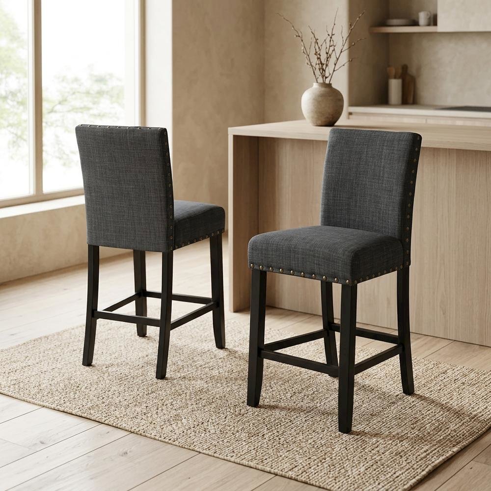 Gray fabric counter height stools with nailhead trim, set of 2
