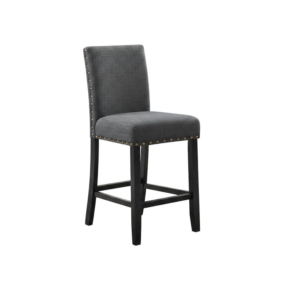 Gray fabric counter height stools with nailhead trim, set of 2