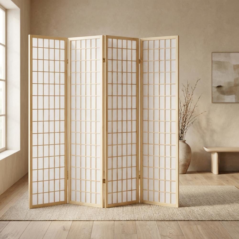 Natural 4-Panel Wood Folding Room Divider, Rice Paper, 71 Inch