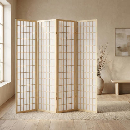 Natural 4-Panel Wood Folding Room Divider, Rice Paper, 71 Inch