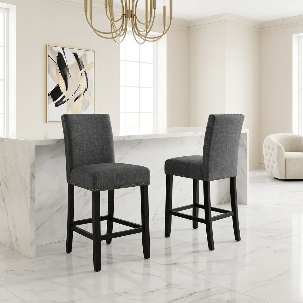 Gray fabric counter height stools with nailhead trim, set of 2