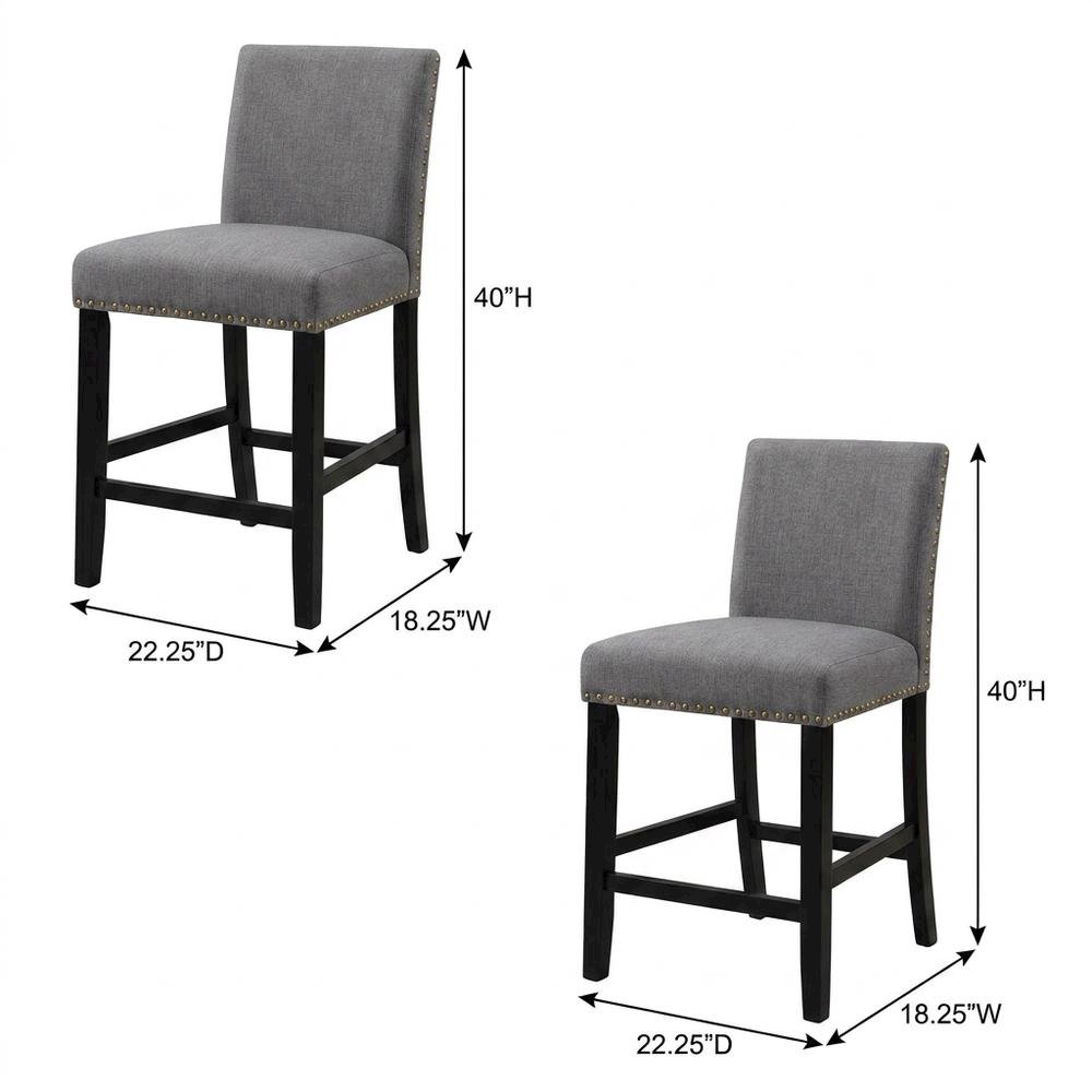Gray fabric counter height stools with nailhead trim, set of 2