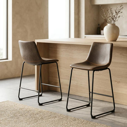 Antique Brown PU Leather Counter Height Stools Set of 2 with Stylish Design