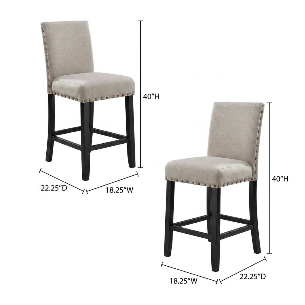 Tan fabric counter height stools with nailhead trim, set of 2