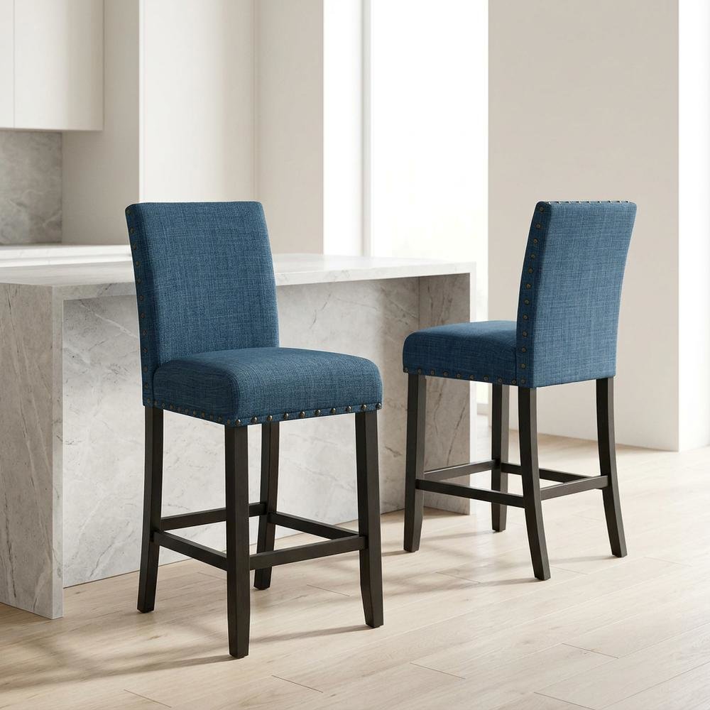 Blue Fabric Counter Height Stools Set with Nailhead Trim