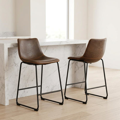 Antique Brown PU Leather Counter Height Stools Set of 2 with Stylish Design
