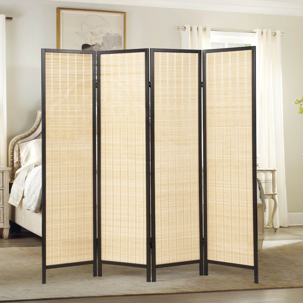Inkwell 4-Panel Bamboo Room Divider, Folding Screen, Natural with Black Frame