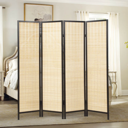 Inkwell 4-Panel Bamboo Room Divider, Folding Screen, Natural with Black Frame