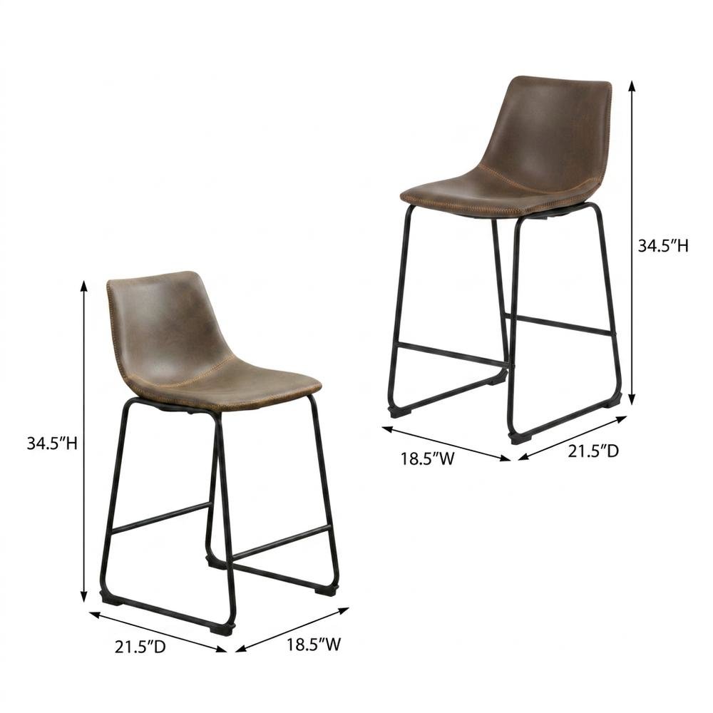 Antique Brown PU Leather Counter Height Stools Set of 2 with Stylish Design