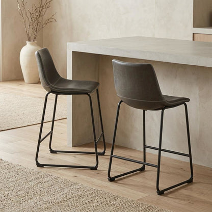 Antique Gray Vintage PU Leather Counter Height Stools, Set of 2