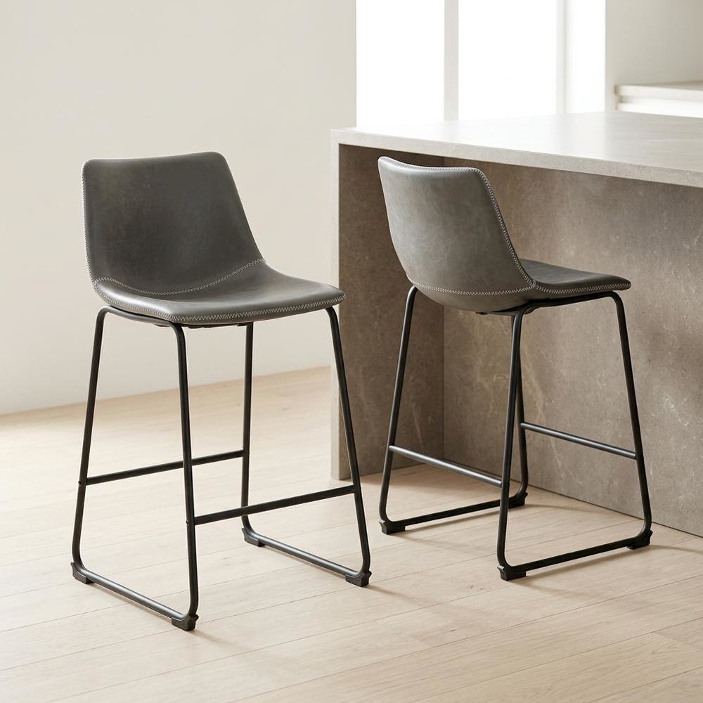 Antique Gray Vintage PU Leather Counter Height Stools, Set of 2