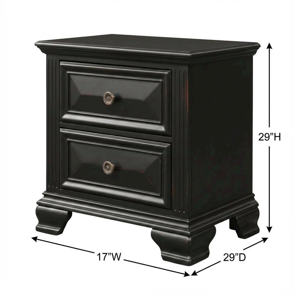 Black Vintage Nightstand with 2 Drawers and Classic Design