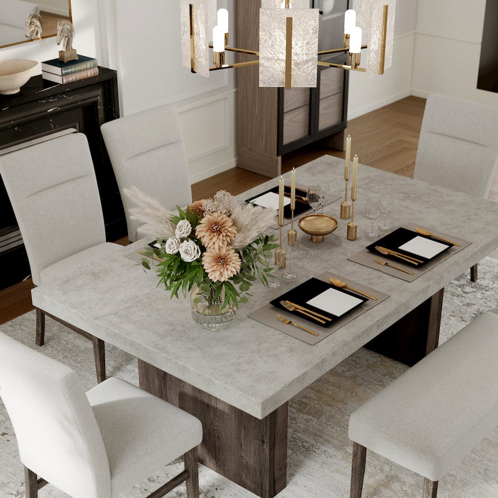 Sorlen Modern 6-Piece Dining Set, 3D Faux Concrete Table with 4 Chairs and Bench