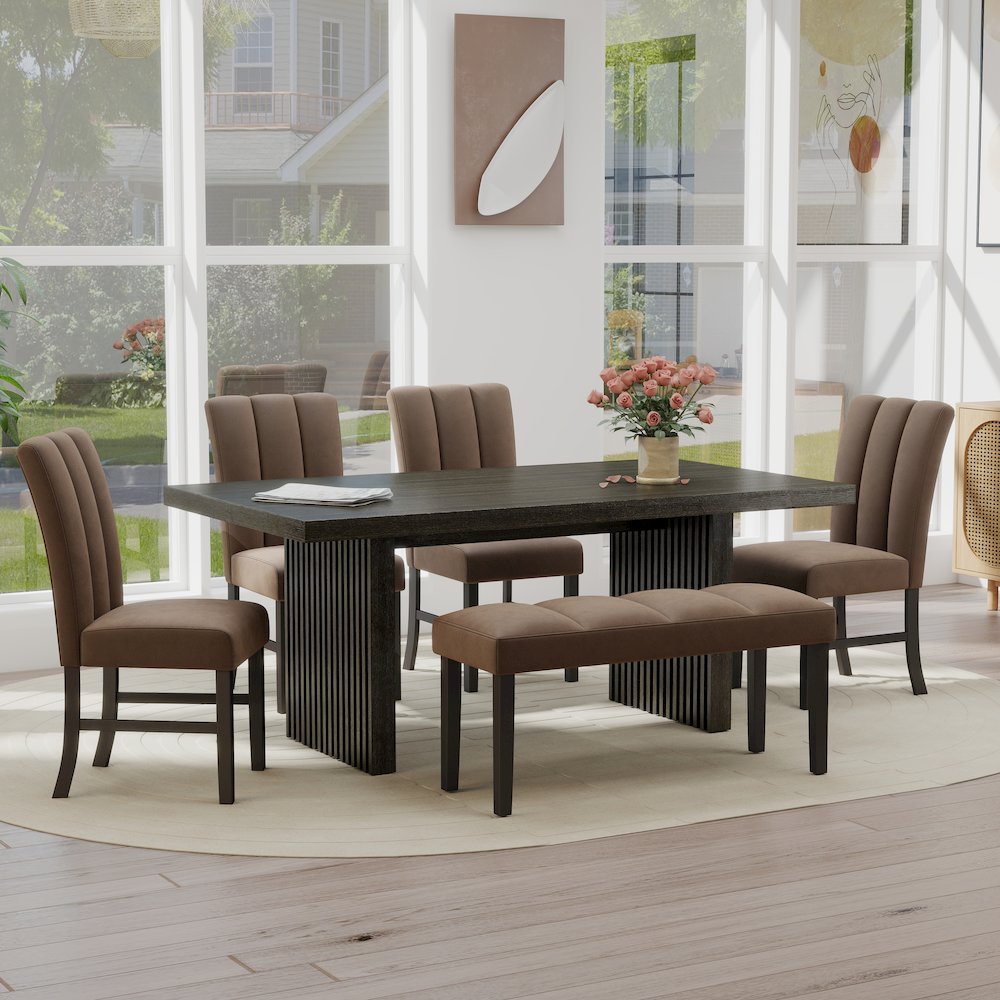 Madison 6-PC Dining Set, Slat-Fluted Table with 4 Chairs and a Bench, Chocolate