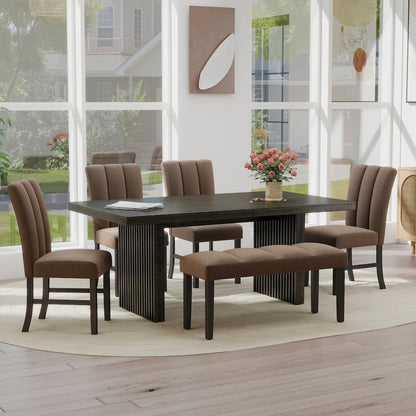 Madison 6-PC Dining Set, Slat-Fluted Table with 4 Chairs and a Bench, Chocolate